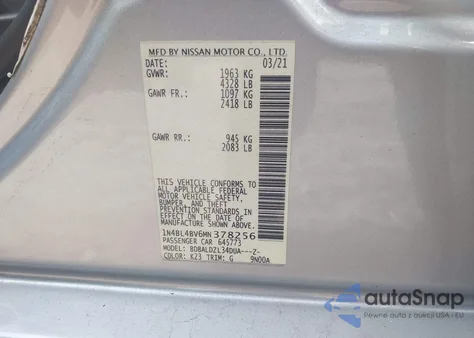 2021 Nissan Altima S Fwd from USA, damaged, VIN 1N4BL4BV6MN378256